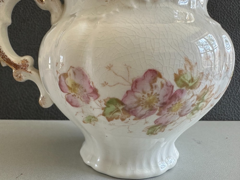 Vintage Gold Trimmed Handled Flowered Pitcher