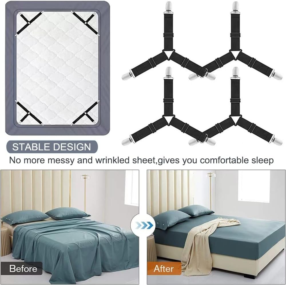 4Bed Sheet Fasteners Adjustable Elastic Suspenders Straps Mattress Covers Clips