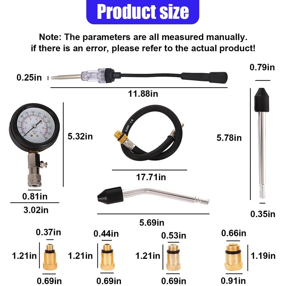 9PCS Engine Compression Tester Kit with Spark Plug Gauge, 0300 PSI