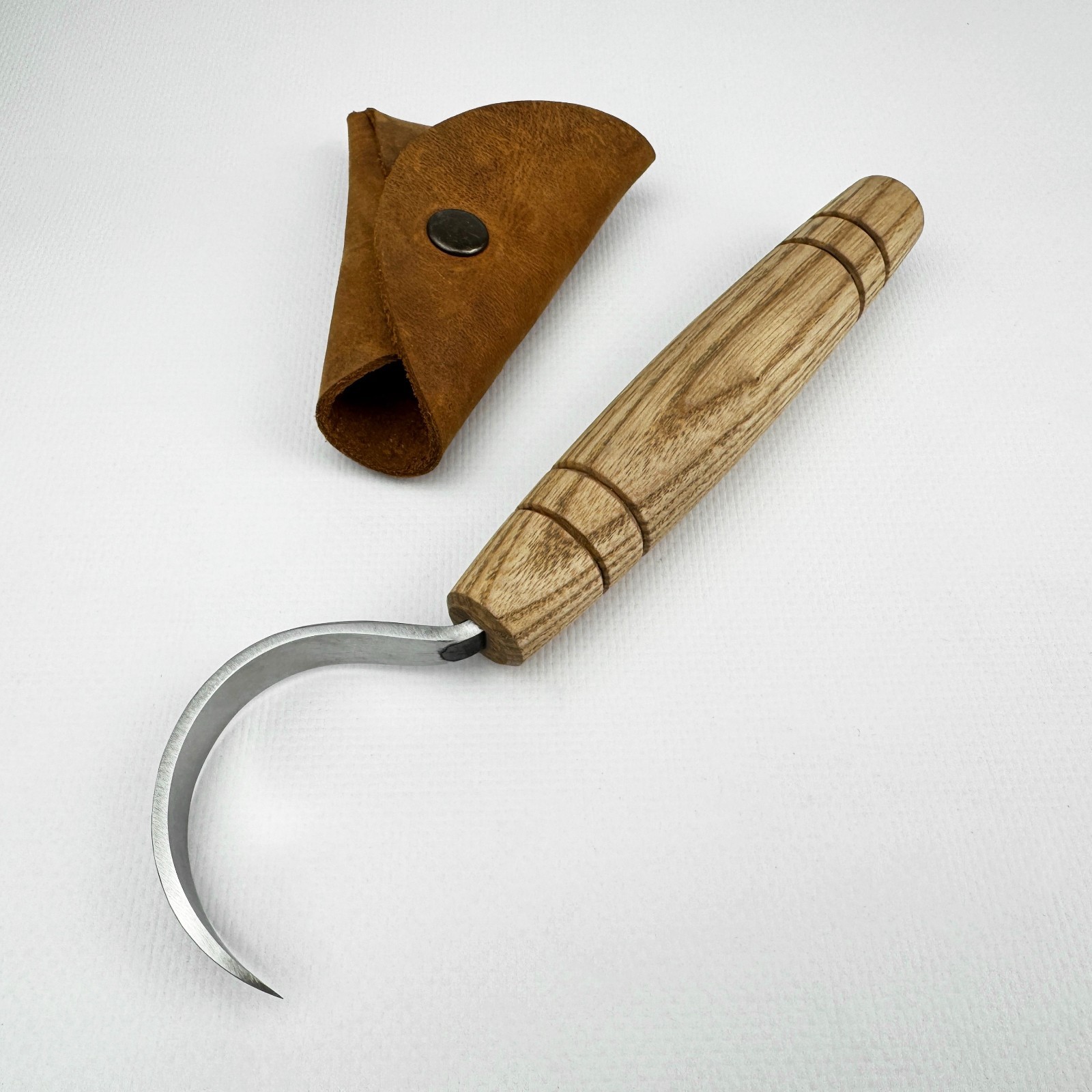 Hand-Forged Hook Knife – 52100 Steel Blade, Ash Handle, With Leather Sheath