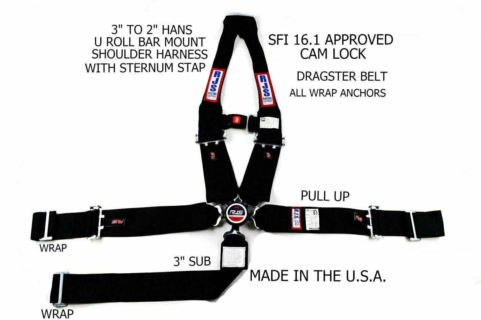 RJS RACING SFI 16.1 CAM LOCK HANS DRAGSTER HARNESS U ROLL BAR BLACK 1080801