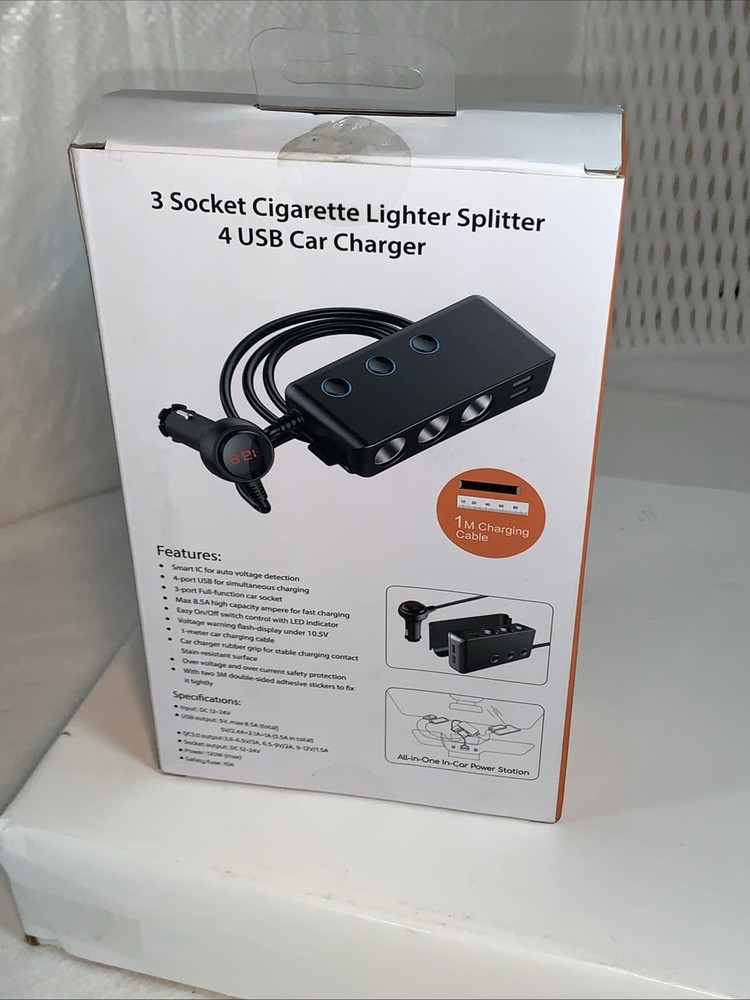 3 Socket Cigarette Lighter Splitter 4 USB Car Charger 3ft Charging Cable Smart