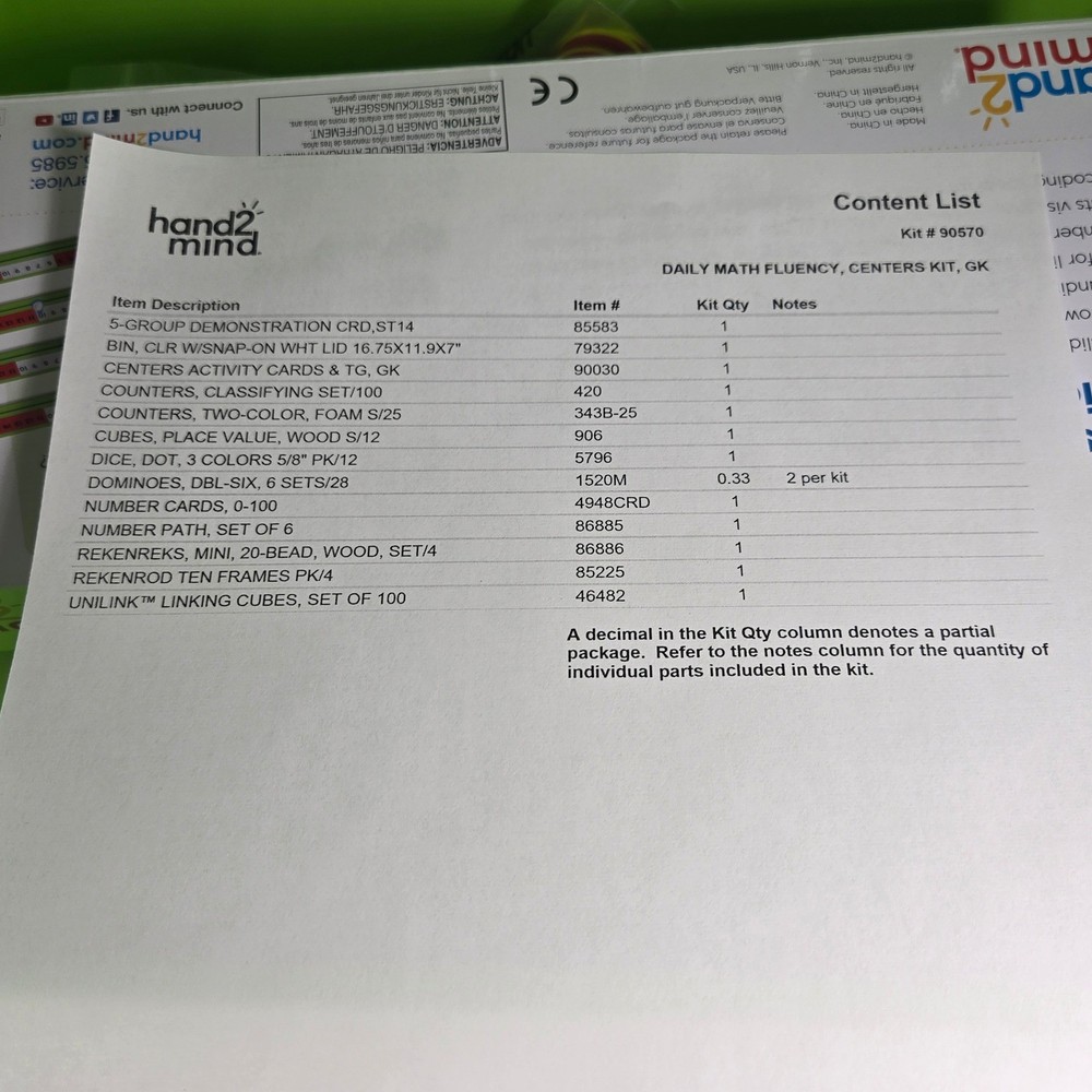 Hand2Mind Math Fluency Centers Grade K Activity Kit 90570 Educational Learning