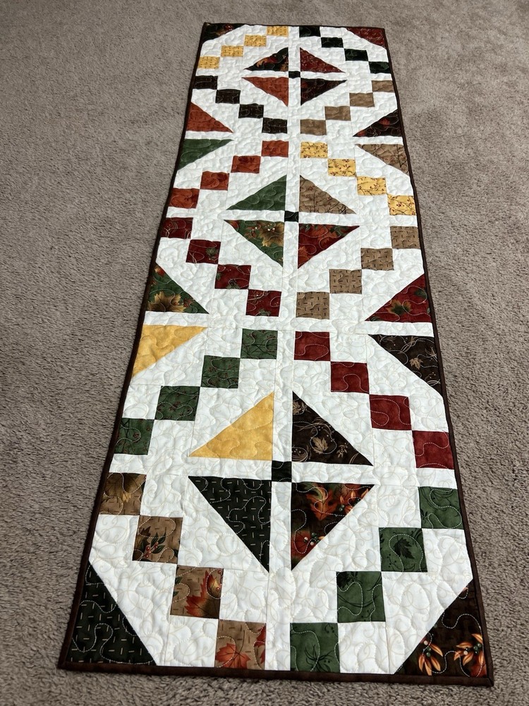 Handmade Quilted Table Runner ~16 1/2" x 52" ~ Rust,Green,Yellow,Brown