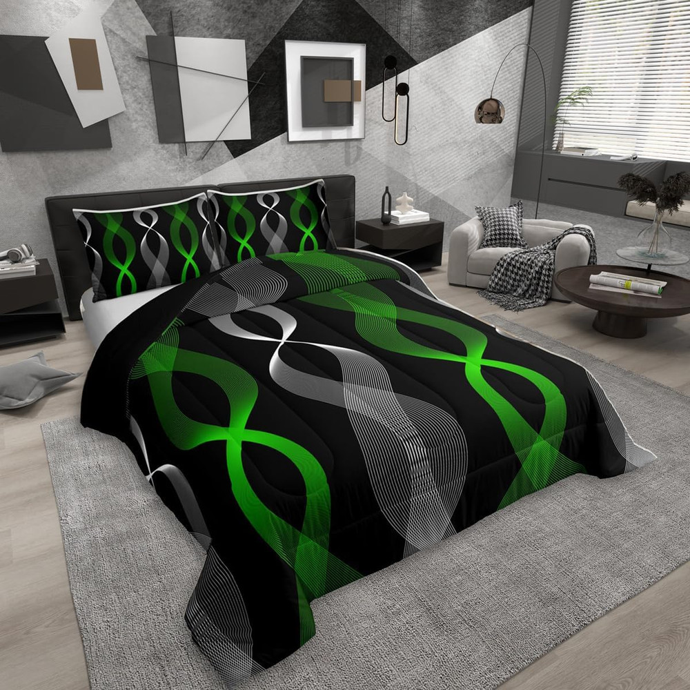 Green & Black Abstract King Comforter Set - Modern Boho Bedding
