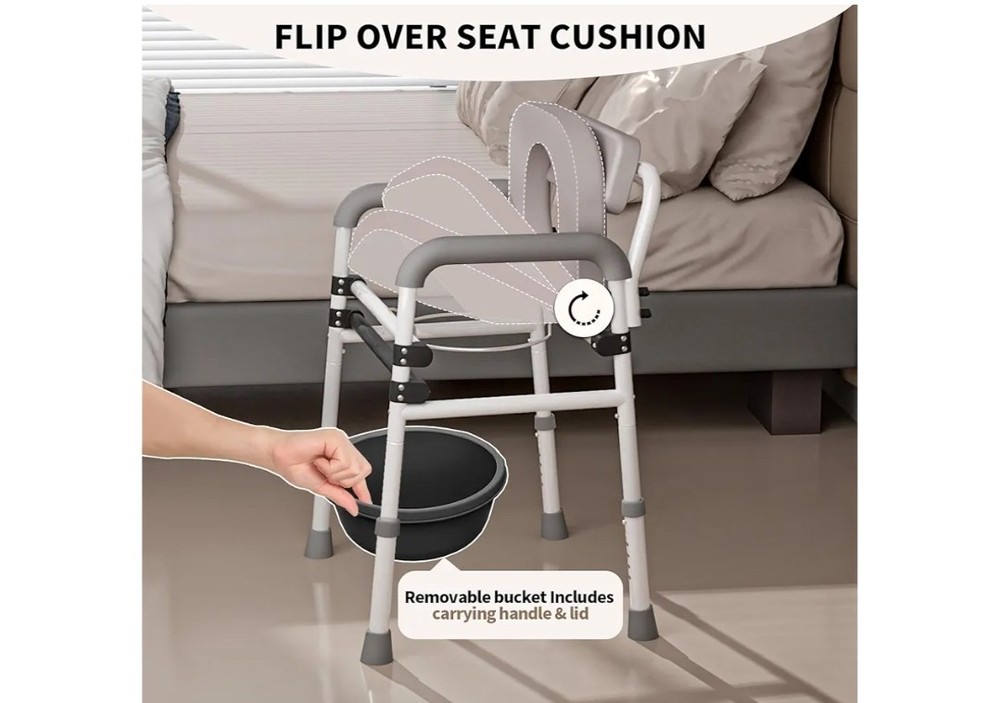 Adjustable Medical Bedside Commode Chair with Padded Backrest, Arm Support,...