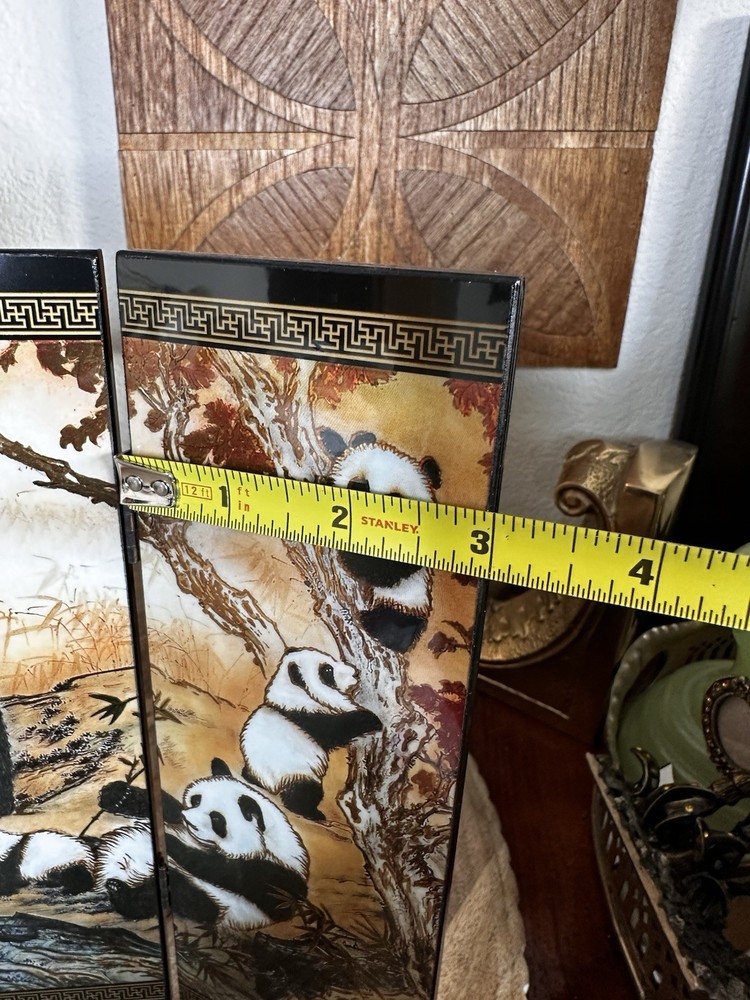 Chinese Panda Mini Folding Screen Black Lacquer Tabletop Art Boxed