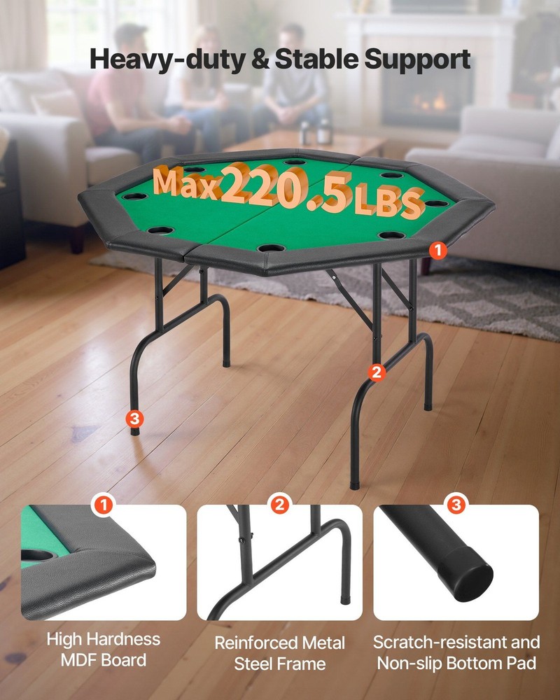 48in Expandable Poker Table Octagonal Foldable Design for 8 Players