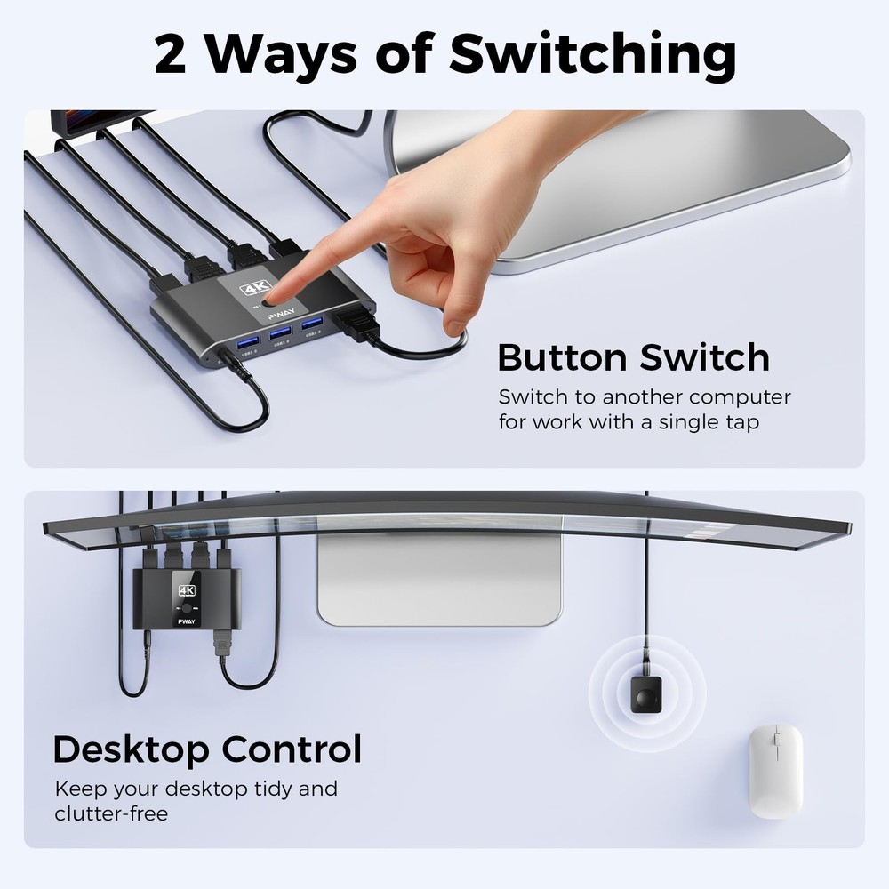 4K@60Hz HDMI Kvm Switch 1 Monitors 2 Computers, Sharing USB Devices with 3 USB