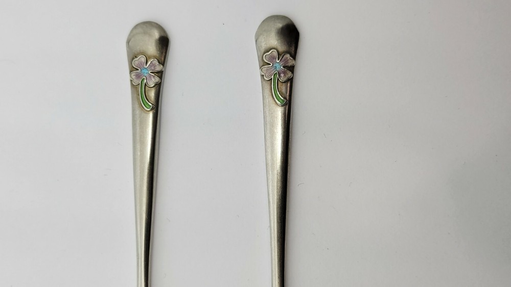 KOREAN 800 SILVER FORK & SPOON w/ ENAMEL Lucky Clover Leaf