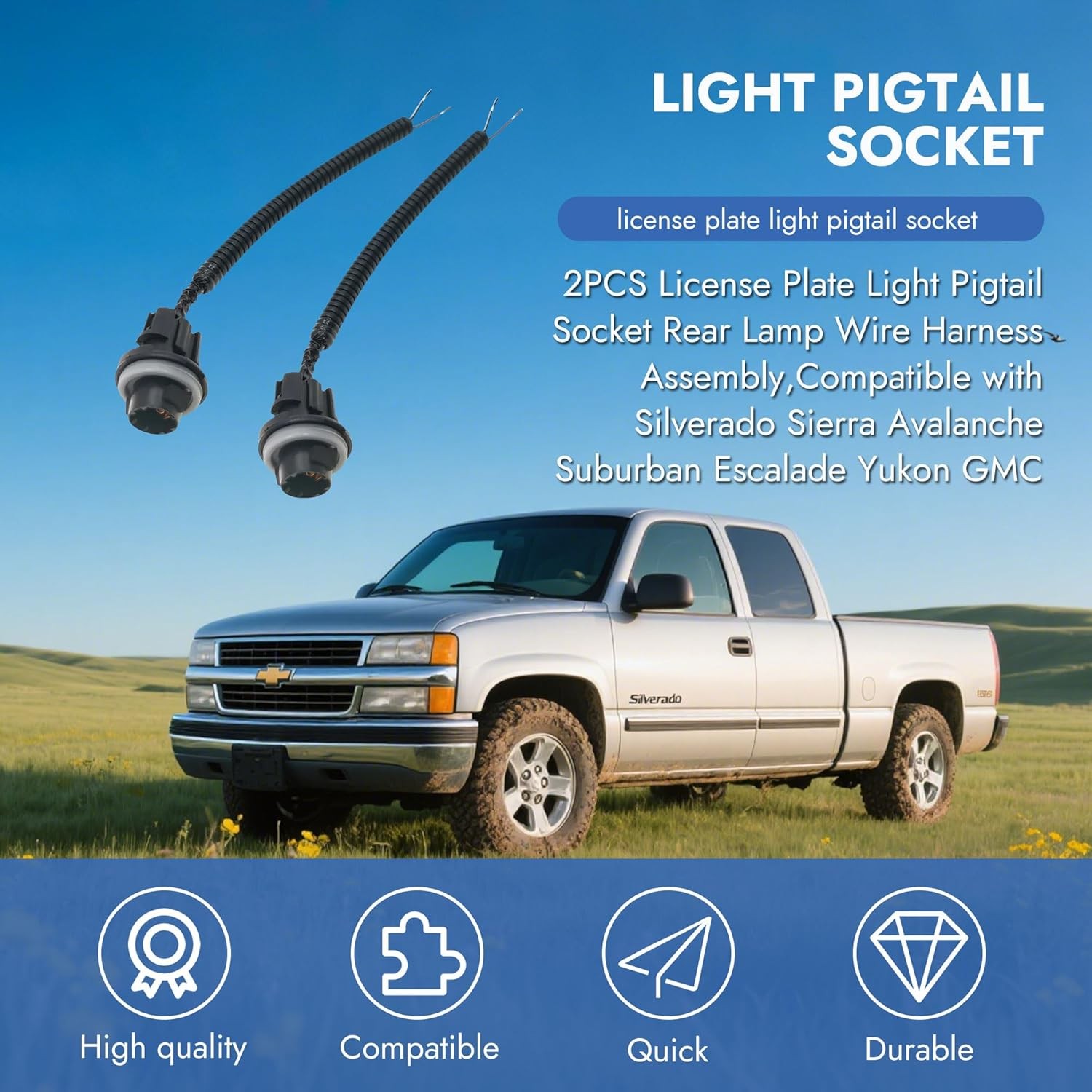 2 Pcs License Plate Light Socket Black Rear Lamp Wire Harness Assembly Compatibl