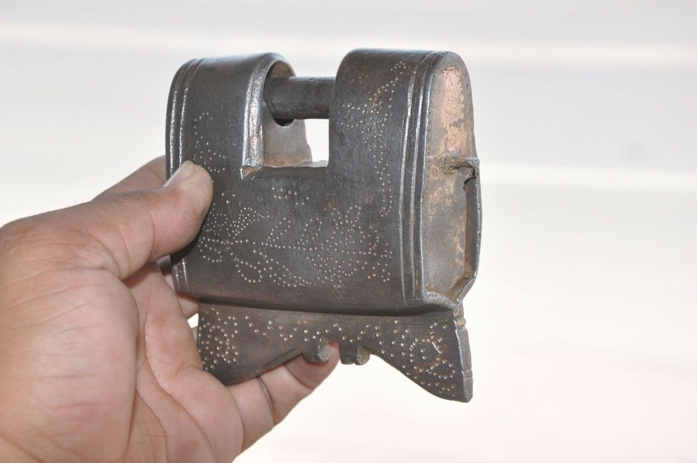 Vintage Iron Handcrafted Solid Inlay Engraved Unique Shape Strip System Padlock