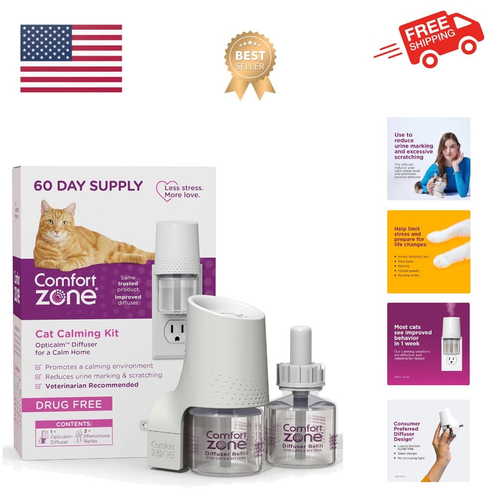60 Day Starter Kit: 1 Cat Calming Diffuser & 2 Refills; Cat Pheromones Help A...