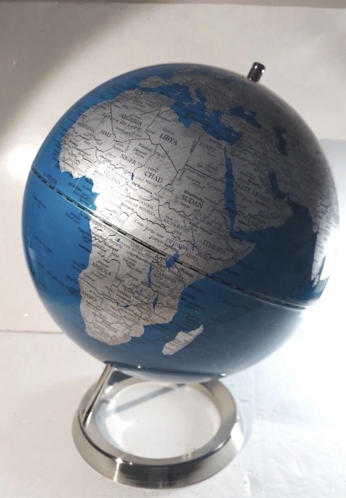World Map Globe Midnight Blue & Silver 15" W/Inclination Mount/Chrome Metal Base