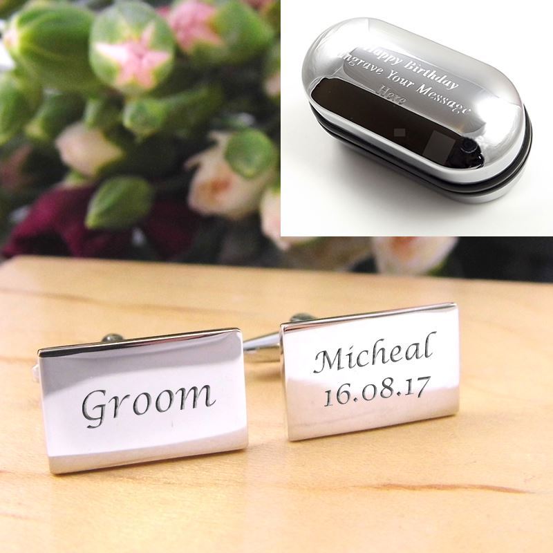 Silver Rectangle Engraved Personalised Groom Wedding Cufflinks