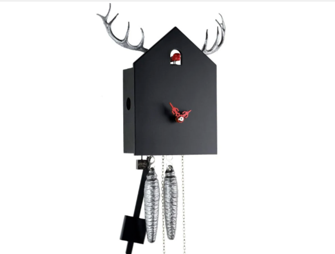 Black Forest Cuckoo Clock with Deer Antlers, Handmade Solid Red Black Cuckoo