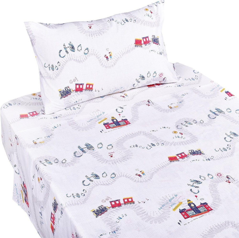 J-Pinno Train Bedding Set 100% Cotton Flat Sheet + Fitted Sheet + Pillowcase