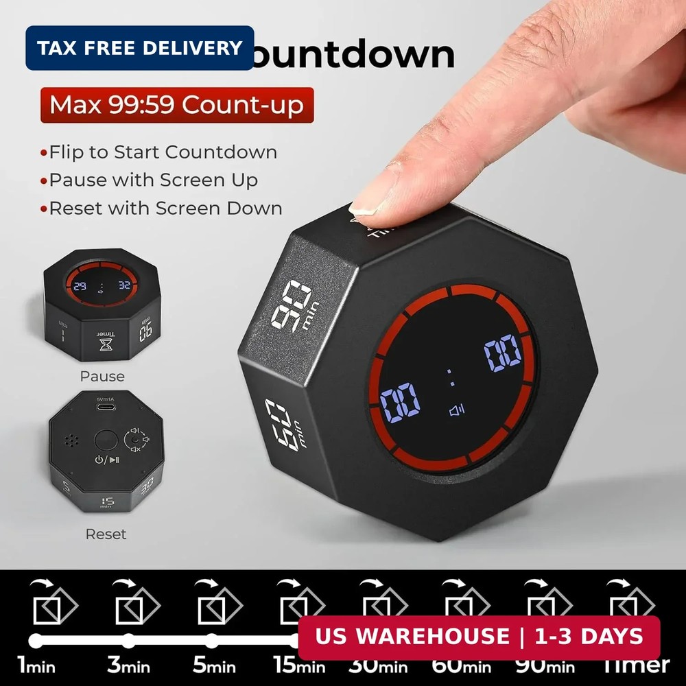 Small Rechargeable Pomodoro Timer, Gravity Sensor Auto-Rotating 7 Preset Times (