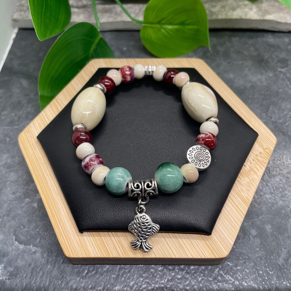 Handmade Ceramic Bead Beaded Stackable 6.25” Plus Stretch Bracelet New B407