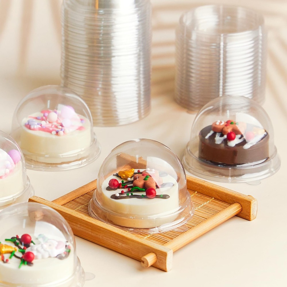 50 Pack Mini Cake Containers, Clear Plastic Small Cupcake Boxes with Dome Lid...
