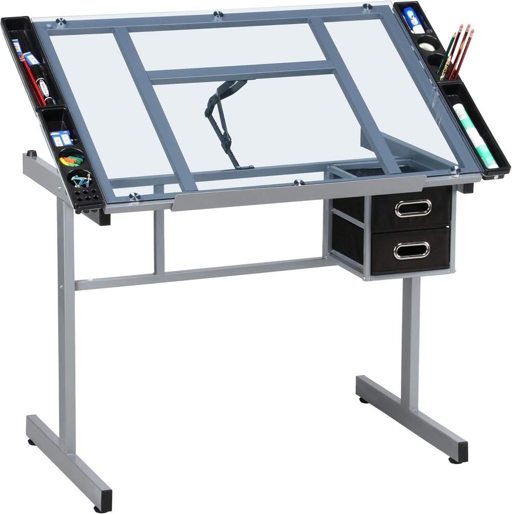 Drawing Desk Adjustable Glass Drafting Study Table Station w/ 2 Slide