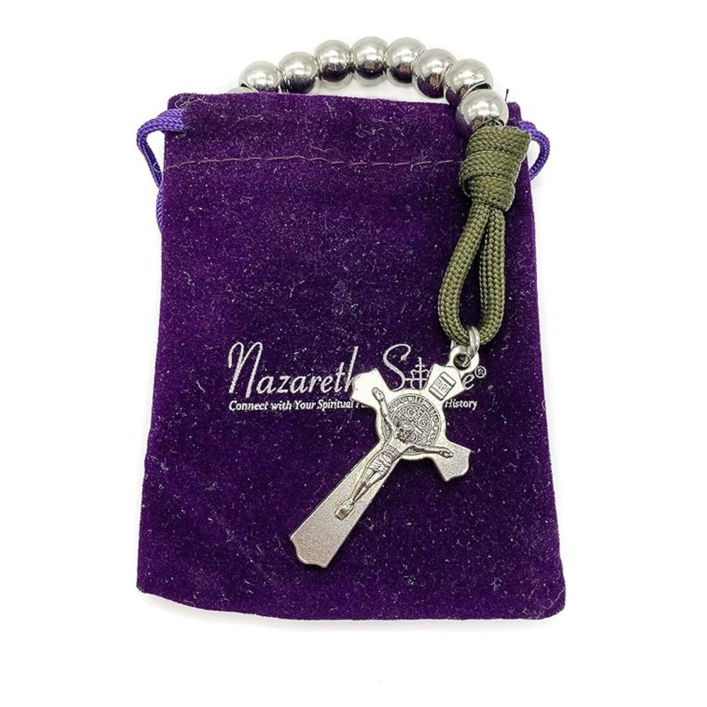 One Decade Military Paracord Rosary Silver Beads Pocket Rosary St. Joseph Medal
