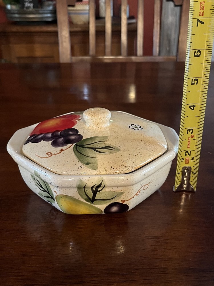 Small Vintage Covered Food Dish Apple Grape Fruit Pattern Stoneware Granny-Core