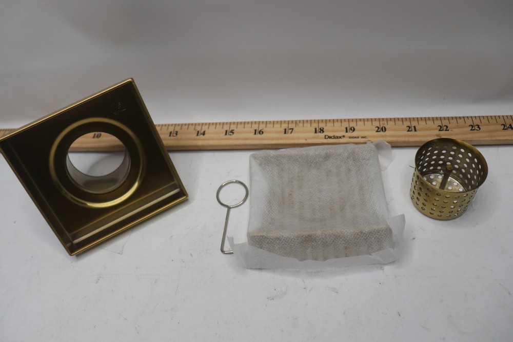 Square Shower Drain w/ Linear Pattern Drain Cover Brushed Gold 4" x 4" -Complete