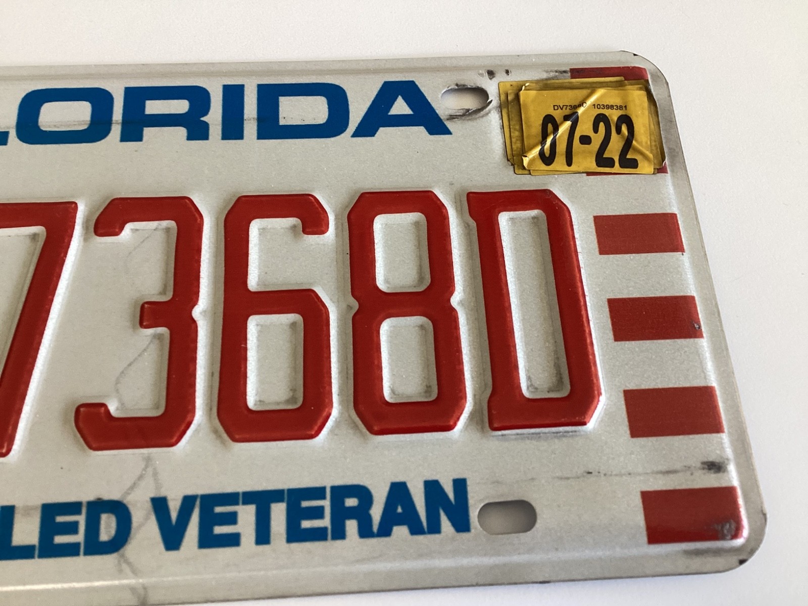 Florida DMV DISABLED MILITARY VETERAN Expired License Plate Tag DV7368D