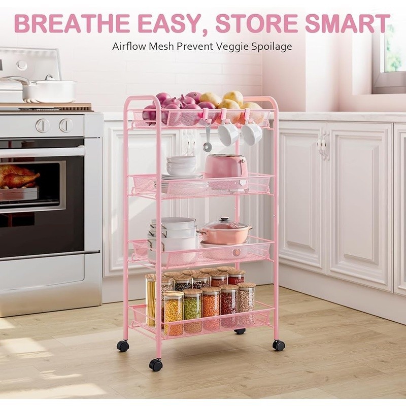 Rolling Storage Cart W/ Mesh Baskets Hooks Quiet Wheels Multi-Function Organizer