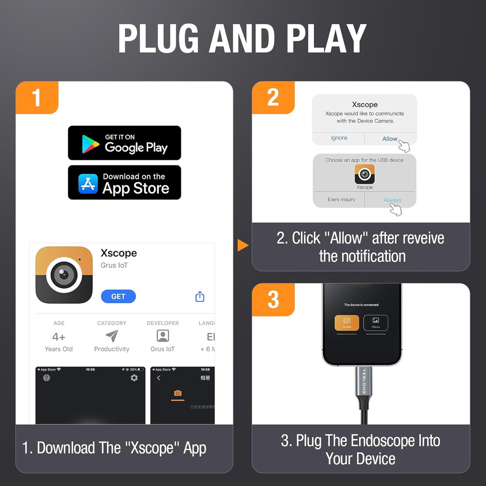Teslong 50FT USB-C Borescope Camera with Light, Only Compatible with iPhone 15/1
