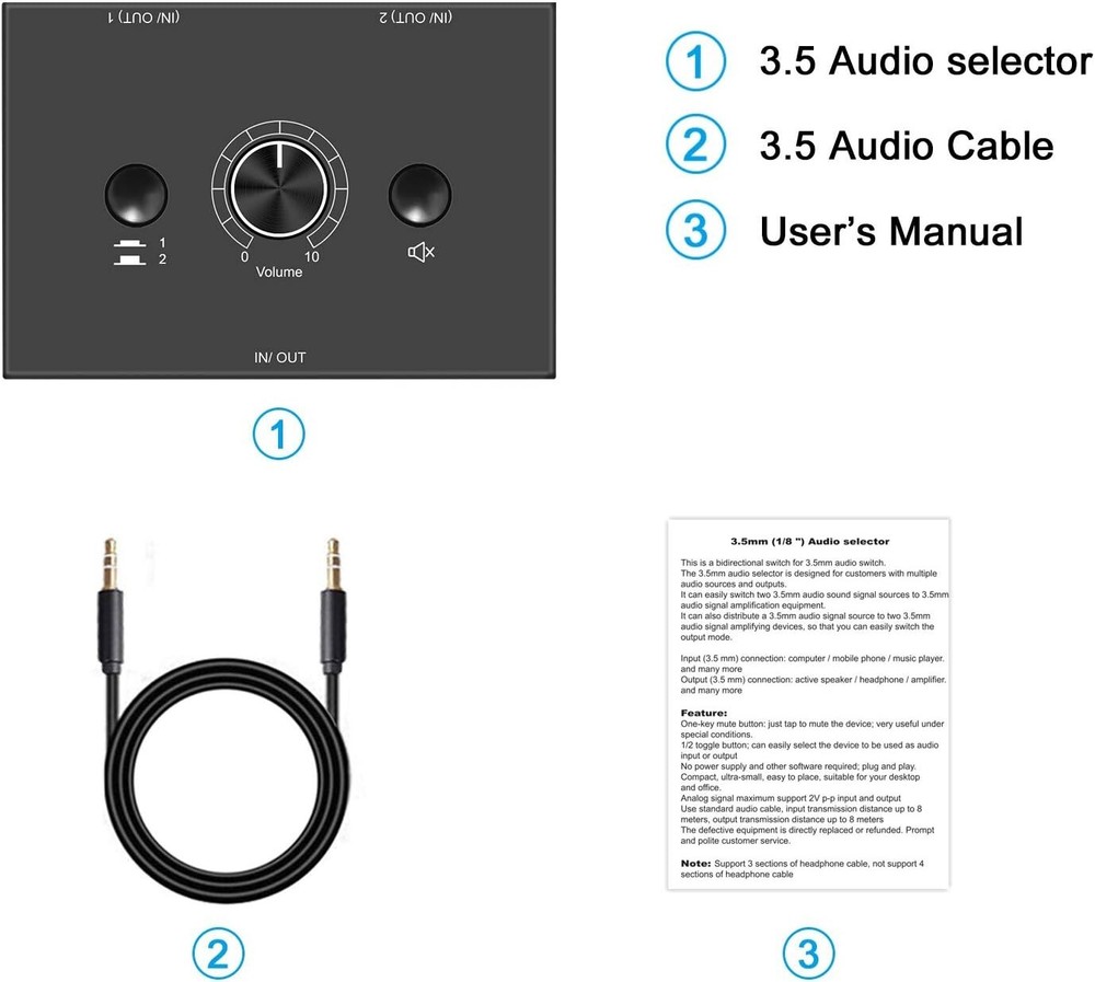 Versatile 3.5mm Audio Splitter with Mute Switch – Perfect for Multi-Device Use