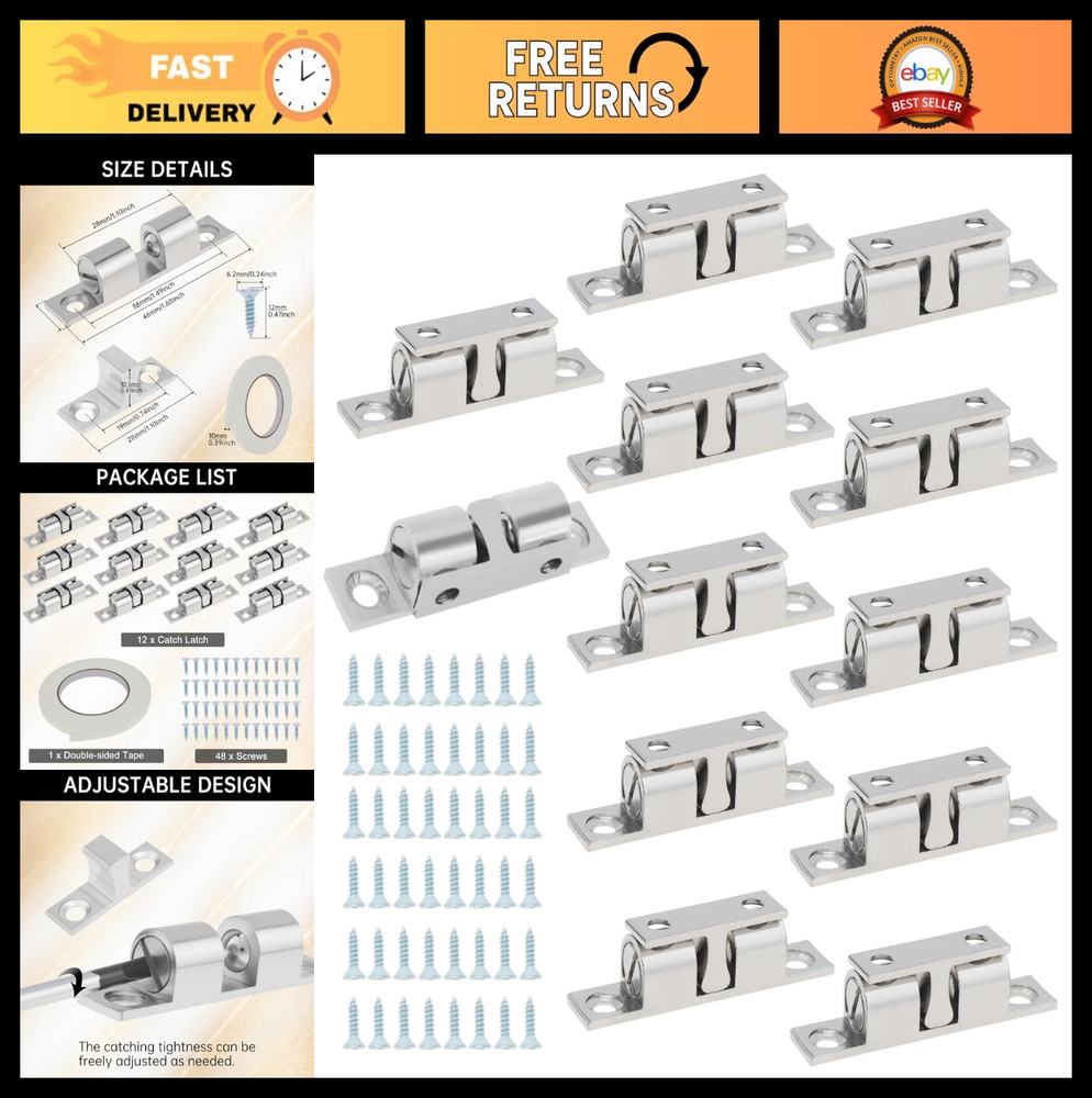 12Pcs Double Ball Roller Catch Latch, 48mm Solid Brass Cabinet Hardware, Screws