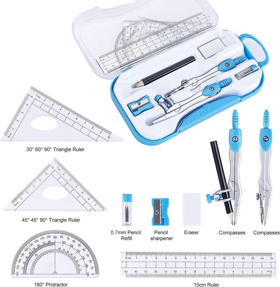 Math Geometry Kit Set 10 Pieces with Shatterproof Storage Box, Student Suppli...