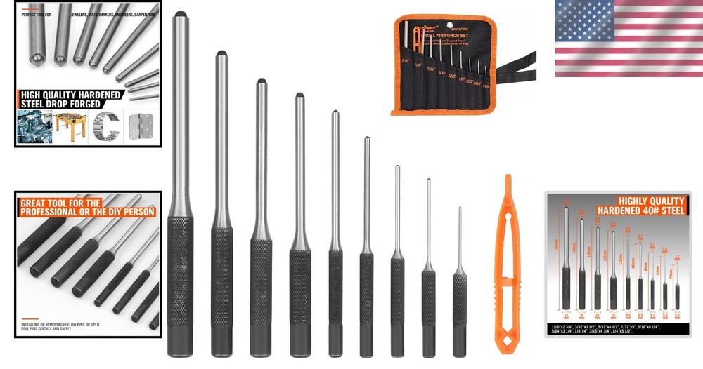 Versatile 9-Piece Chrome Vanadium Roll Pin Punch Set - Lightweight Convenience
