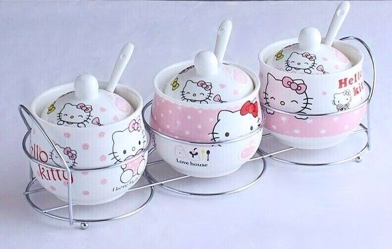 Cute Hello Kitty Ceramic Kitchen Set Cooking Tools Spice Jar Salt Container 3PCS