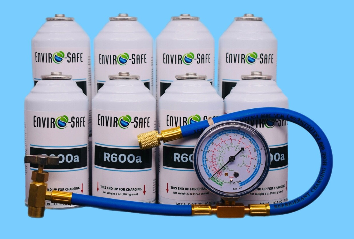 Enviro-Safe R600a Refrigerant | Inverted Piercing | 6 oz | 8 Cans + Brass Gauge