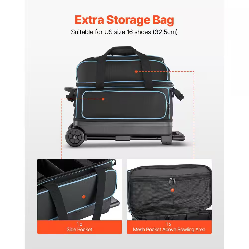 2 Ball Double Roller Bowling Bag with Wheels, Featuring a Separate Compartment f