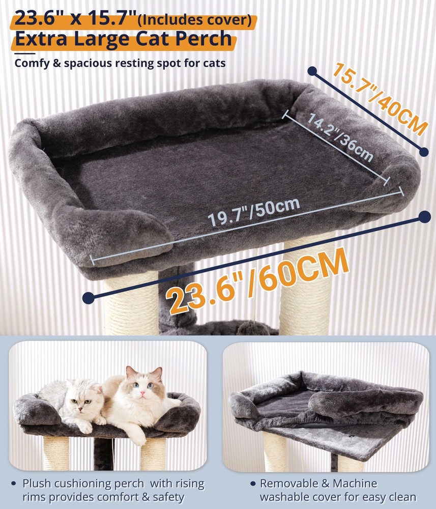 28" Cat Tree, Large Bed for Big Cats, Small Cat Tower with Soft Perch for Win...