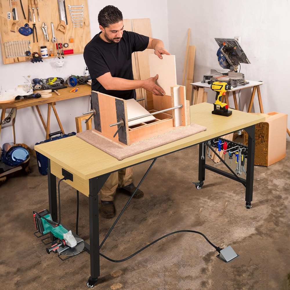 60" Adjustable Workbench on Wheels, Garage Tool Work Bench with Outlets & Wheels