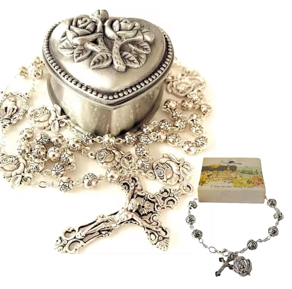 Real Silver Plated Chain Cross Rose Beads Catholic With Bracelet &Box Crucifix
