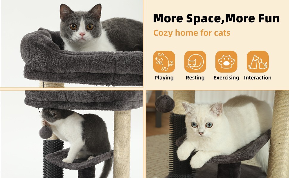 Cat Tree Tower Gray Top Platform Scratching Post Perch Self Groomer - Gray
