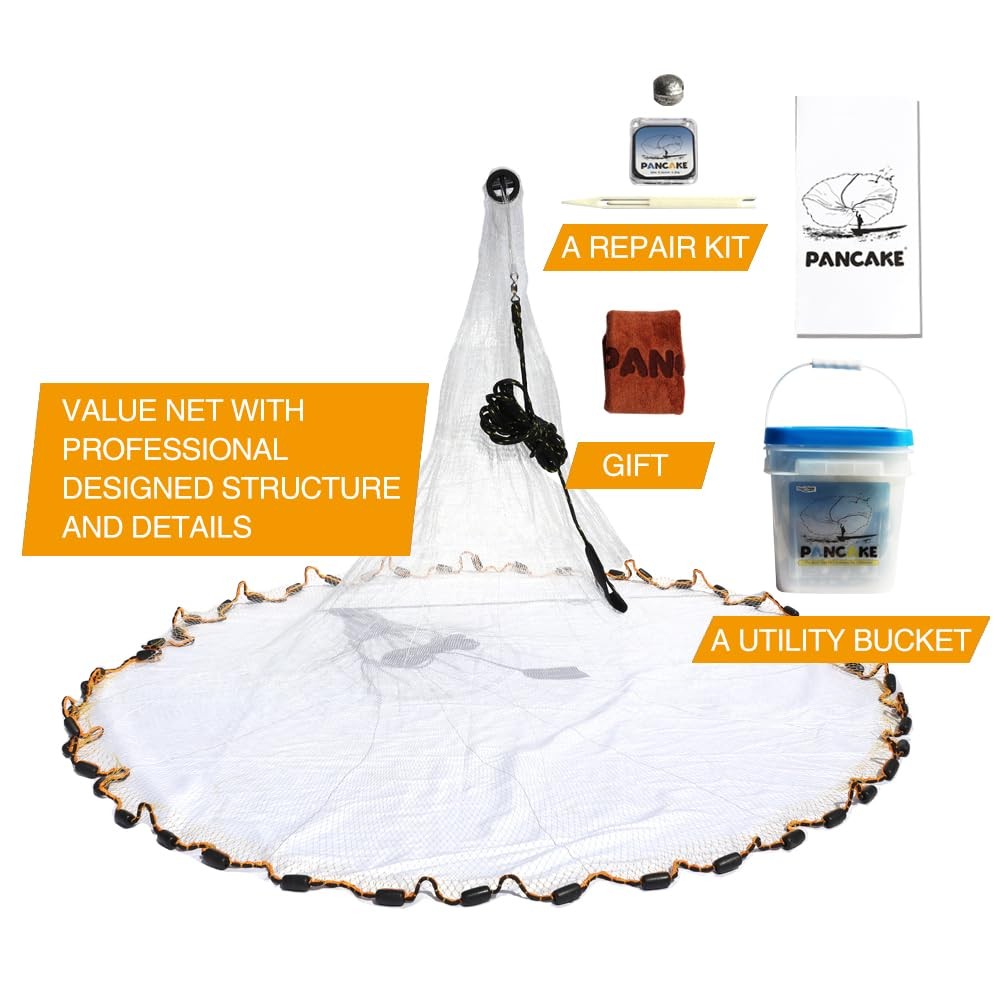 Pancake Cast Net, 6ft Radius with 3/8 inch Mesh, Protective Shell Iron 1.0LB ...