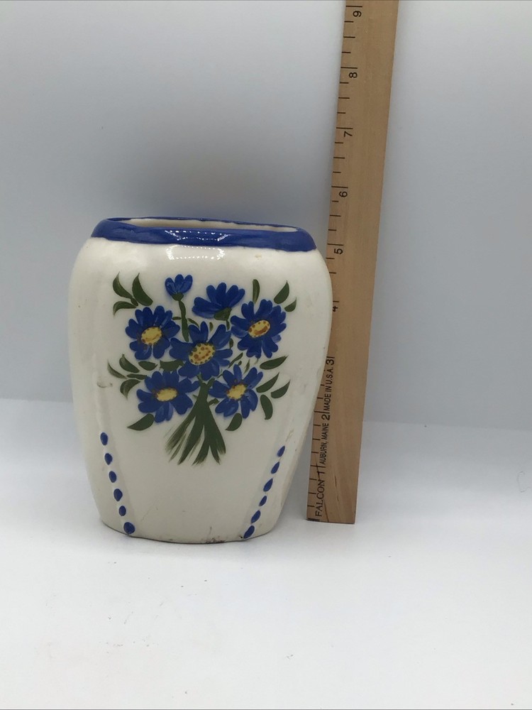 Hand Painted Ceramic Vase Blue Floral Signed