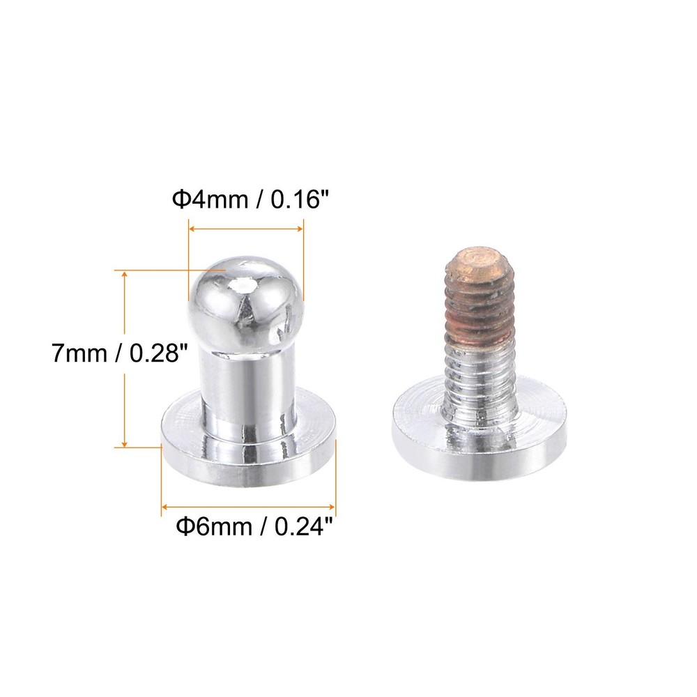 5 Set 4mm Solid Brass Round Head Stud Screw Rivets Post Fastener Silver Tone