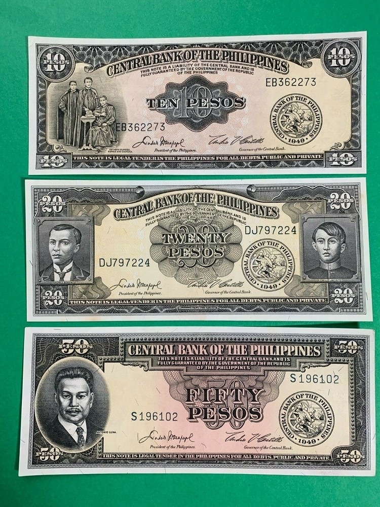 PHILIPPINES 1949 ENGLISH SERIES TYPE SET 1-2-5-10-20 & 50 PESO, CRISP UNC NOTES