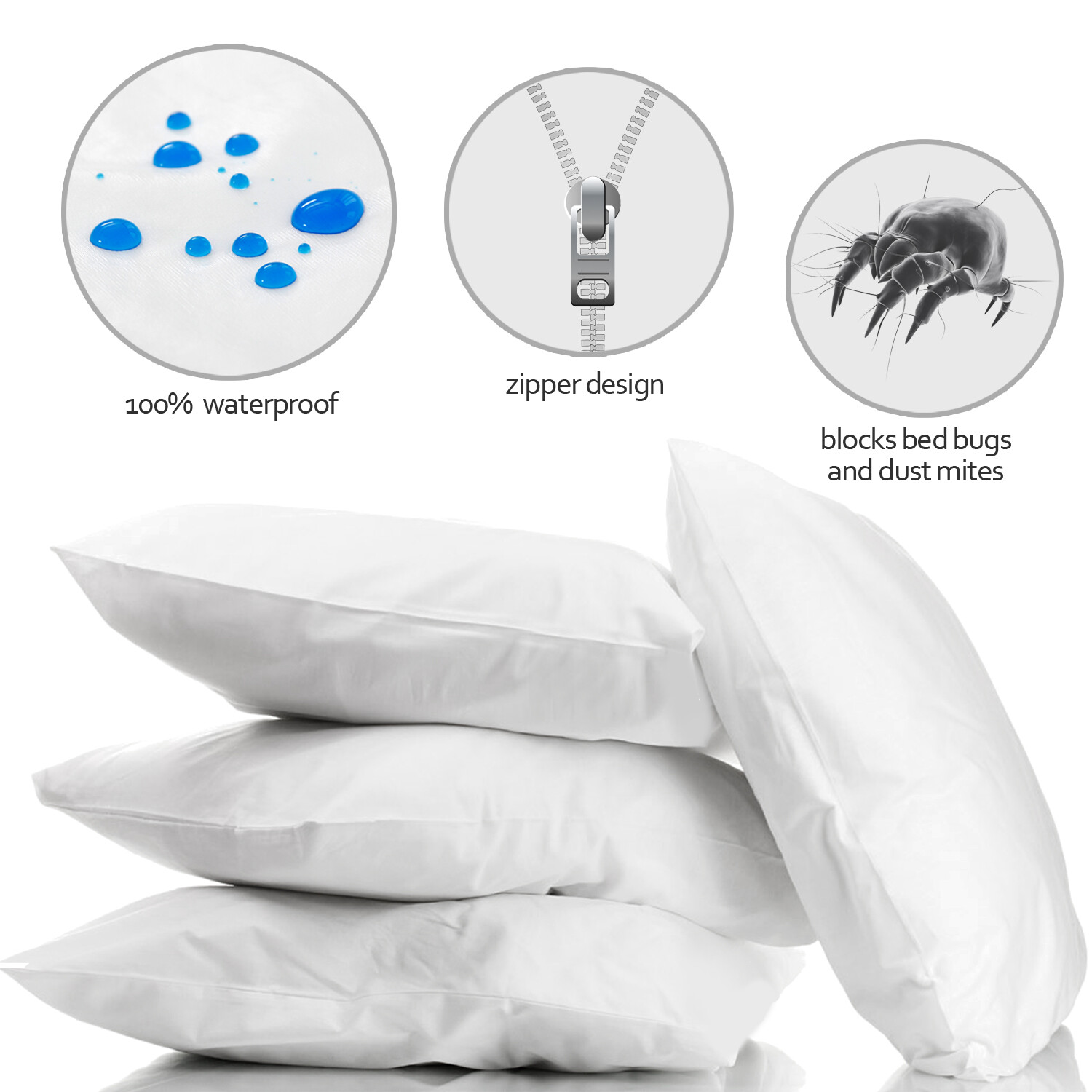 Waterproof Pillow Covers Zippered 4 Pack Standard Queen King Pillow Protectors