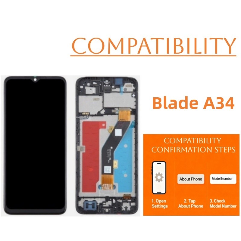 100% For ZTE Blade A34 Full Assembly LCD Display Touch Screen Digitizer w/ Frame