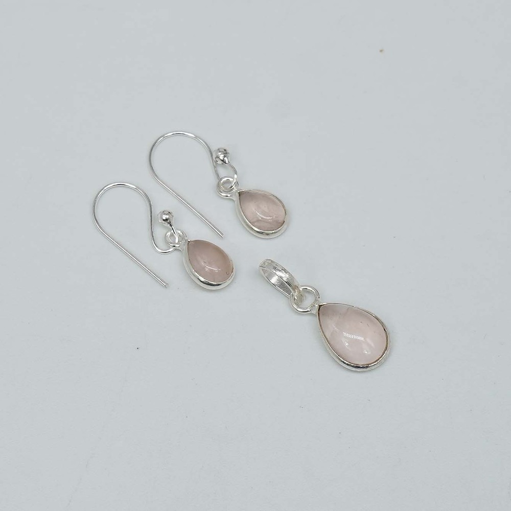 925 Solid Sterling Silver Pink Rose Quartz Hook Earring Pendant Set