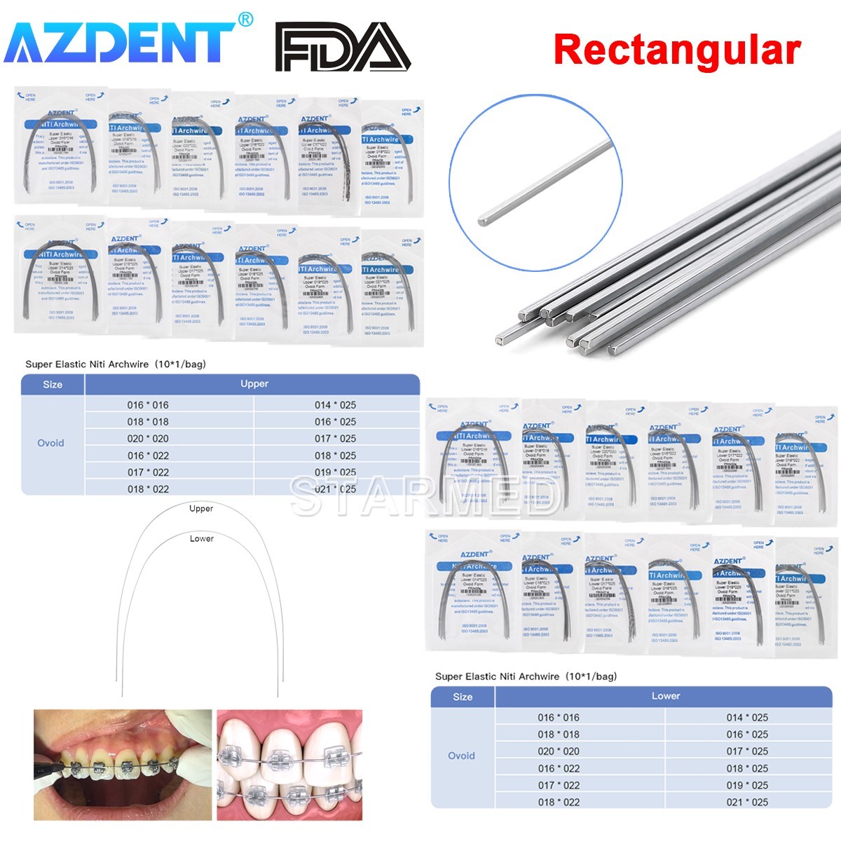 AZDENT FDA Dental Orthodontic Super Elastic Niti Arch Wires Rectangular Ovoid